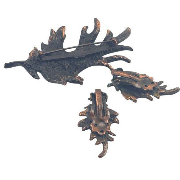 Vintage Copper Tone Leaf Brooch & Clip-On Earrings Set - Picture 4 of 6